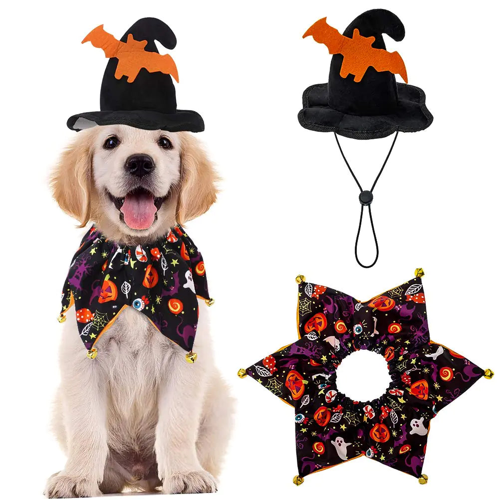 Dog Halloween Costume - Halloween Style Dog Collar with Bells and Wizards hat Set Halloween Pumpkin Pattern for Dog Wearing - Black