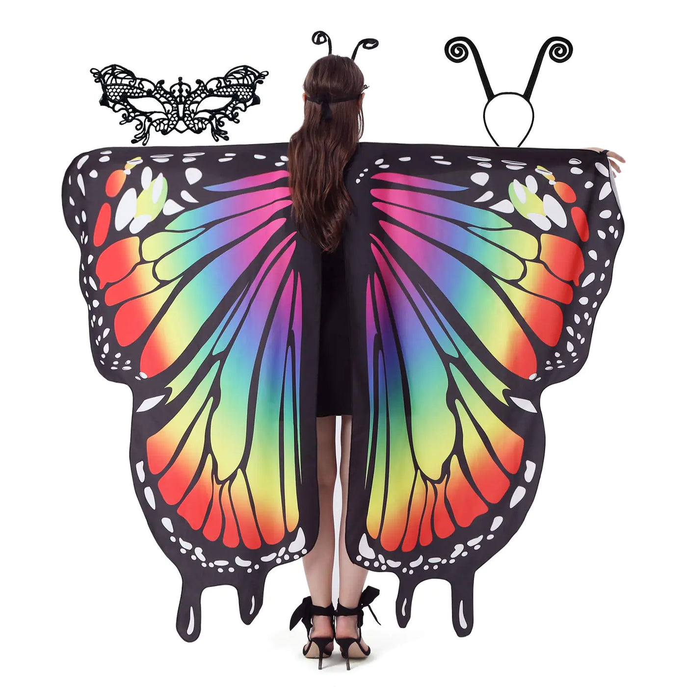 Butterfly Wings for Women Girls Halloween Costumes Butterfly Wing Cape Shawl with Lace Mask and Black Antenna Headband Festival Party Costume Accessory