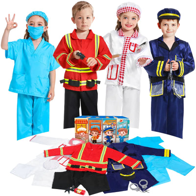 DISHIO Dress Up Clothes for Kids Pretend Role Play Costumes Trunk Toddlers Dress Up Costumes with Fireman Police Doctor Chef Kids Costume Dress Up Costumes for Boys Girls Birthday Party Age 3 to 6